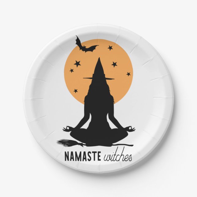 Contemporary Halloween yoga Witch Paper Plates (Front)
