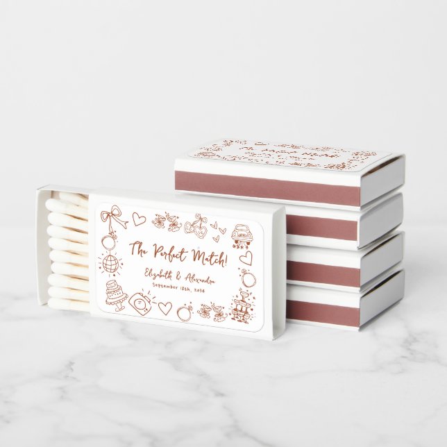 Contemporary Hand Drawn Terracotta Wedding Matchboxes (Stacked)