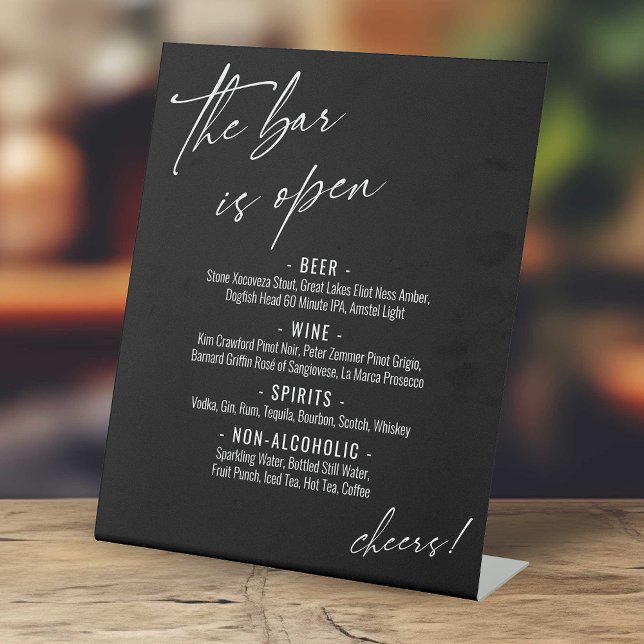 Contemporary Handwriting Black Open Bar Menu Pedestal Sign (Creator Uploaded)