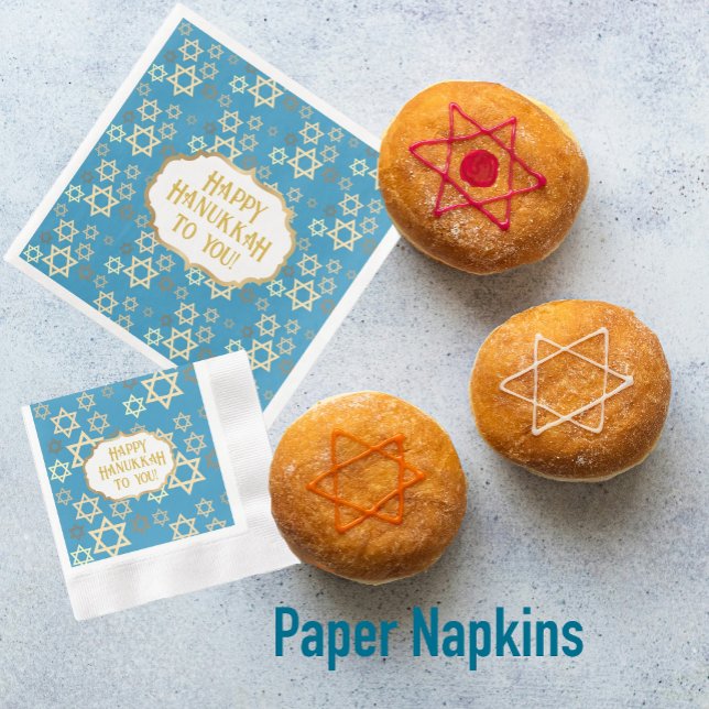 Contemporary Happy Hannukah Star of David  Paper Dinner Napkins (Stars of David on a blue background make chic paper napkins, in lots of sizes.)