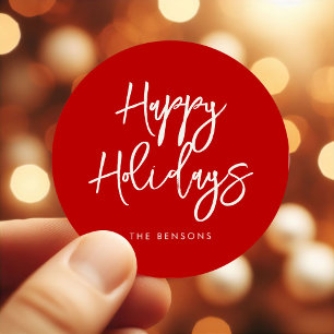 Contemporary Happy Holidays Red Classic Round Sticker