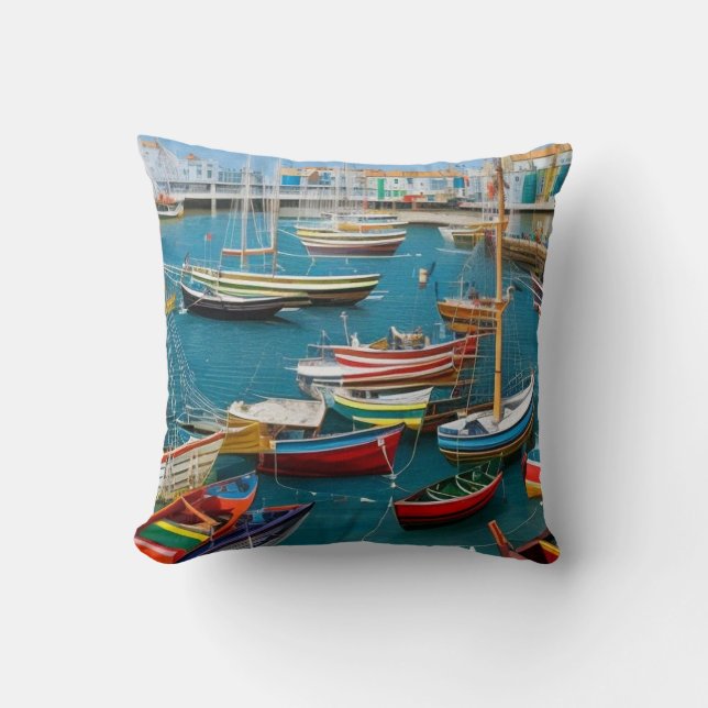 Contemporary Harbour boats tourist town beautiful  Throw Pillow (Front)