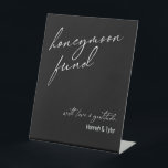 Contemporary Honeymoon Fund QR Code Black Pedestal Sign<br><div class="desc">This collection features an elegant, modern, handwritten font to create key words and phrases. In this piece, the graphic typography overlays read "honeymoon fund" in the large header area and "with love & gratitude" near the bottom. Use the template field to update your names. Feel free to change the background...</div>