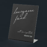 Contemporary Honeymoon Fund QR Code Black Pedestal Sign<br><div class="desc">This collection features an elegant, modern, handwritten font to create key words and phrases. In this piece, the graphic typography overlays read "honeymoon fund" in the large header area and "with love & gratitude" near the bottom. Use the template field to update your names. Feel free to change the background...</div>