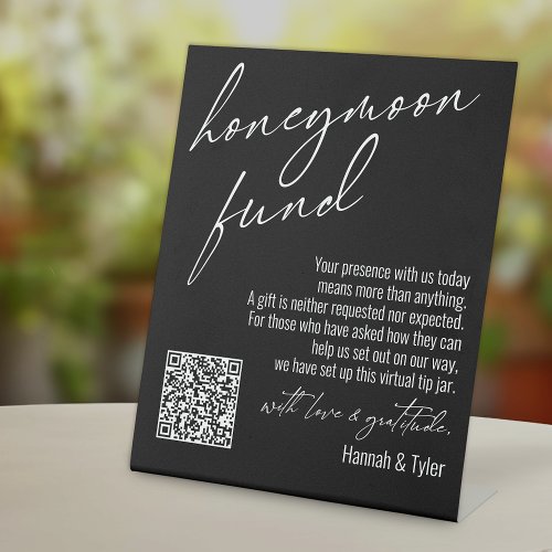 Contemporary Honeymoon Fund QR Code Black Pedestal Sign