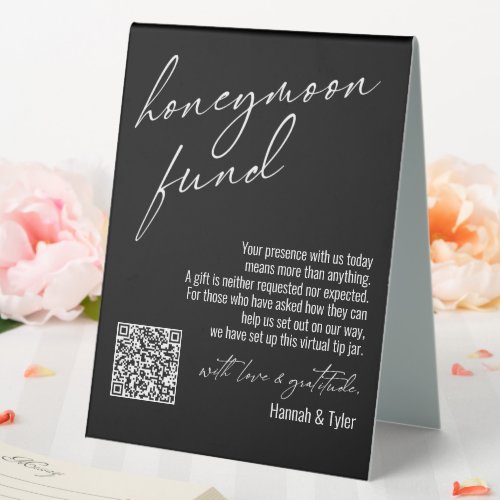 Contemporary Honeymoon Fund QR Code Black Table Tent Sign