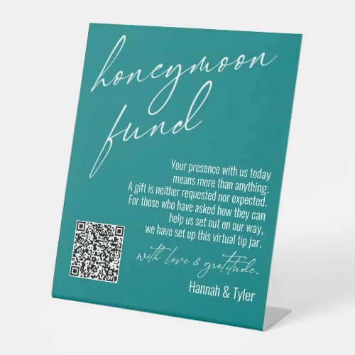 Contemporary Honeymoon Fund QR Code Teal Pedestal Sign