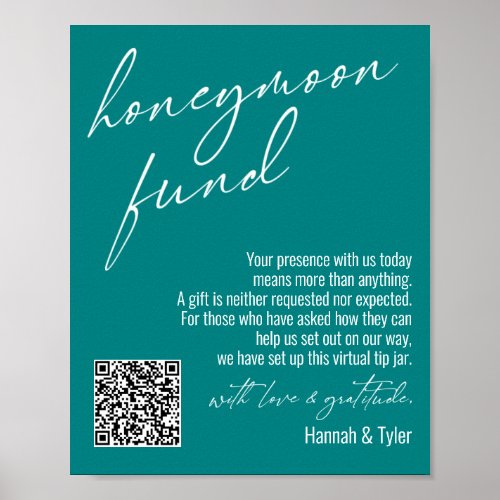 Contemporary Honeymoon Fund QR Code Teal Sign