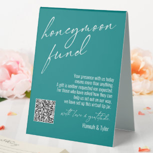 Contemporary Honeymoon Fund QR Code Teal Table Tent