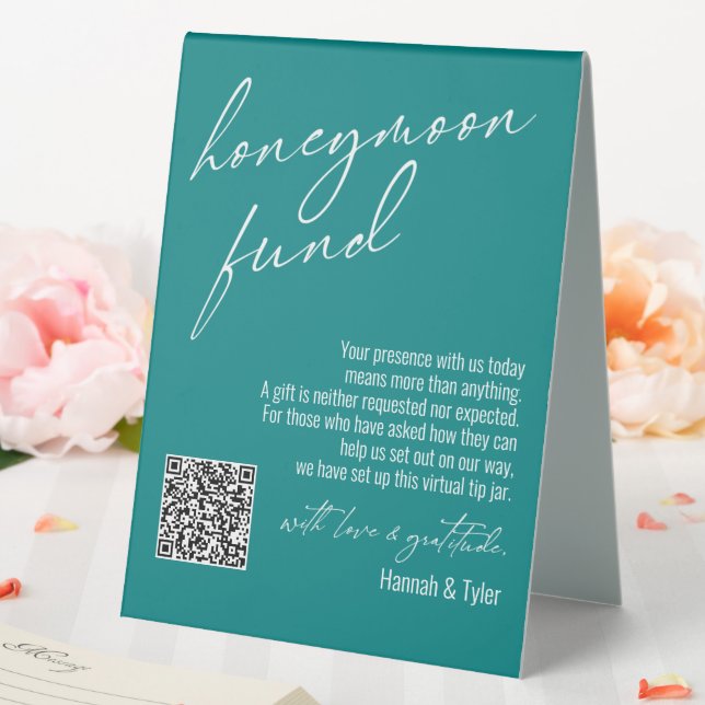 Contemporary Honeymoon Fund QR Code Teal Table Tent (In SItu (Wedding))