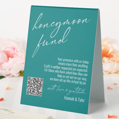 Contemporary Honeymoon Fund QR Code Teal Table Tent Sign
