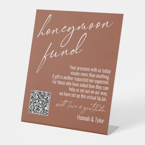 Contemporary Honeymoon Fund QR Code Terracotta Pedestal Sign