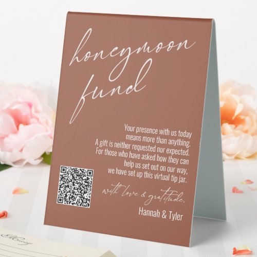 Contemporary Honeymoon Fund QR Code Terracotta Table Tent Sign