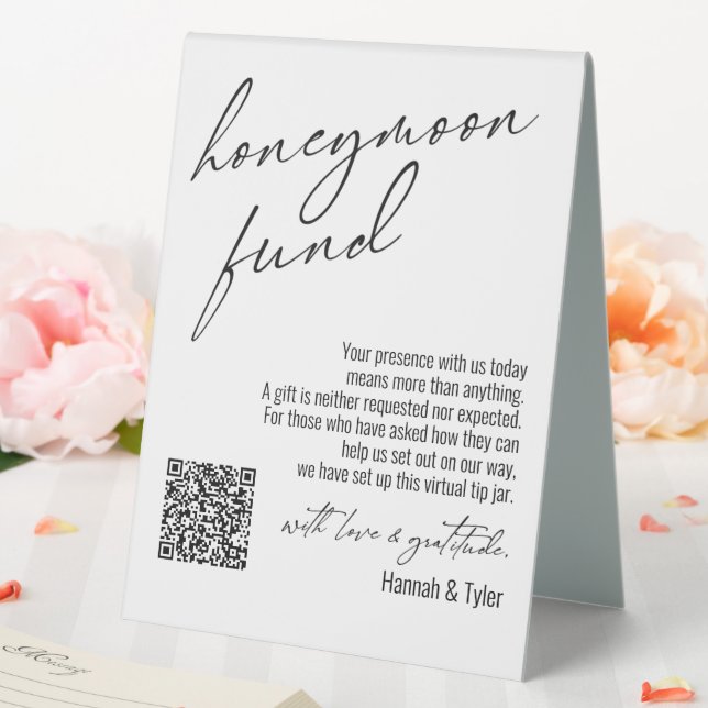 Contemporary Honeymoon Fund QR Code White Table Tent (In SItu (Wedding))