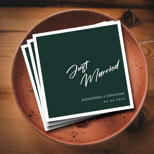 Contemporary Just Married Forest Green Napkins