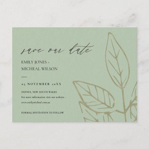 CONTEMPORARY KRAFT BLUE LEAVES SAVE THE DATE ANNOUNCEMENT POSTCARD