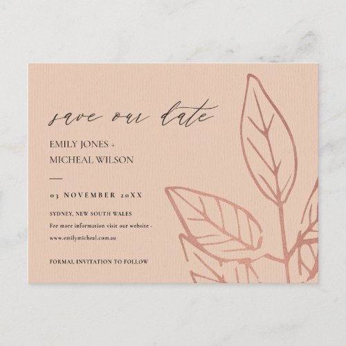 CONTEMPORARY KRAFT PINK LEAVES SAVE THE DATE ANNOUNCEMENT POSTCARD