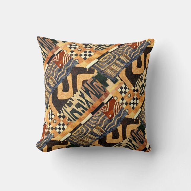 Contemporary Kuba Motif Collage Design Throw Pillow (Front)