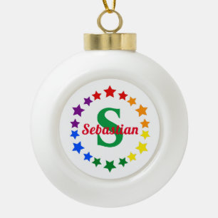 Contemporary LGBT Gay Pride Stars Monogram & Name Ceramic Ball Christmas Ornament