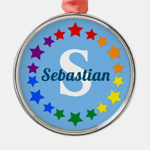 Contemporary LGBT Gay Pride Stars Monogram  Name  Metal Ornament