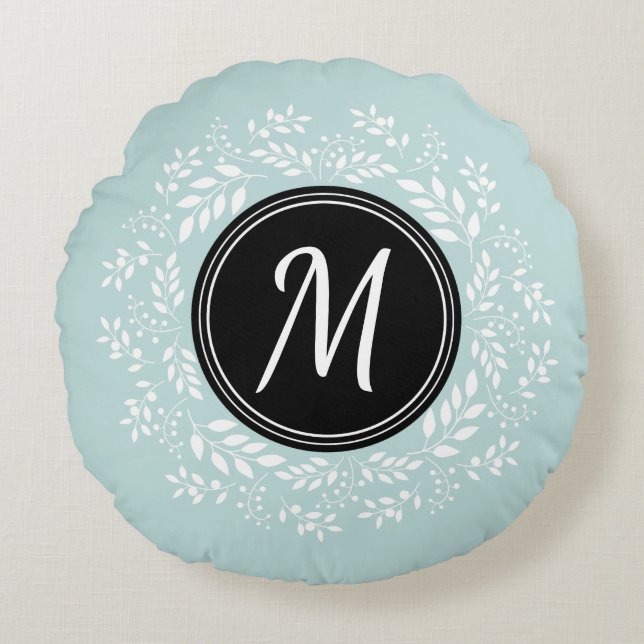 Contemporary Light Blue Floral Wreath Monogram Round Pillow (Front)
