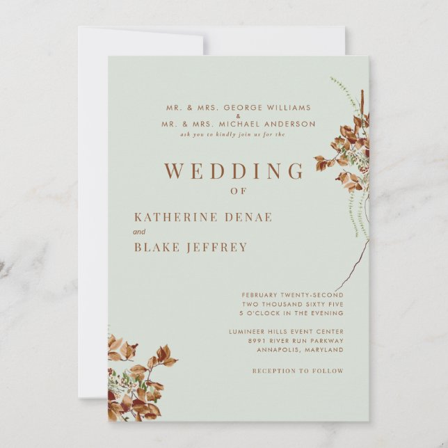  Contemporary Light Sage Warm Foliage Wedding Invitation (Front)