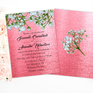Contemporary Metallic Pink and White Roses Wedding Invitation