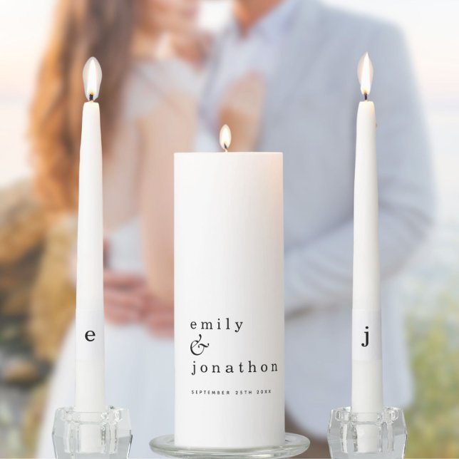 Contemporary Minimalist Black Text Wedding Unity Candle Set (Romantic minimalist elegance. Part of a wide ranging collection of wedding supplies)