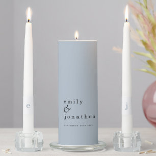 Contemporary Minimalist Dusty Blue Text Wedding Unity Candle Set