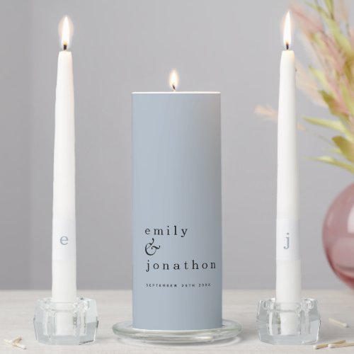 Contemporary Minimalist Dusty Blue Text Wedding Unity Candle Set