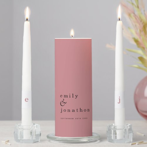 Contemporary Minimalist Dusty Rose Text Wedding Unity Candle Set