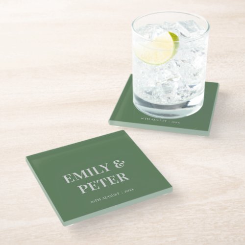 Contemporary Minimalist Modern Sage Green Wedding  Glass Coaster