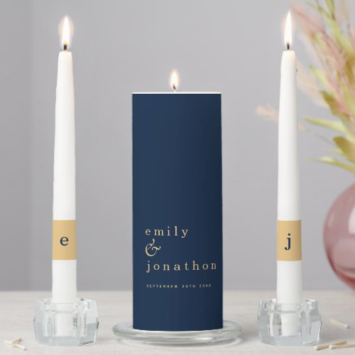 Contemporary Minimalist Navy Gold Wedding Unity Candle Set