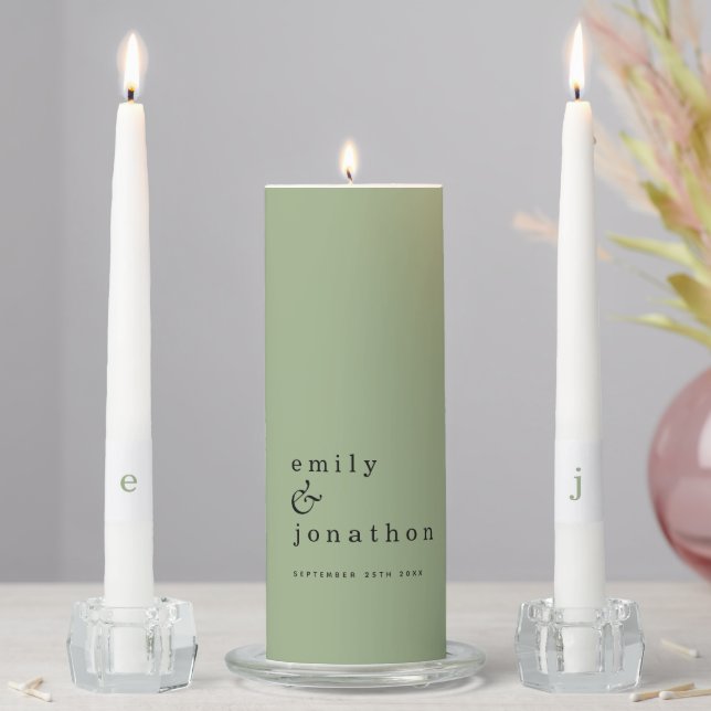 Contemporary Minimalist Sage Green Text Wedding Unity Candle Set (In Situ)