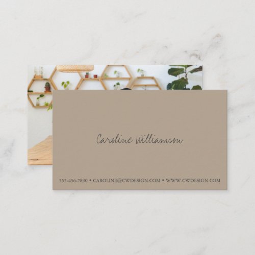 Contemporary Minimalist Script Name Photo Taupe Business Card