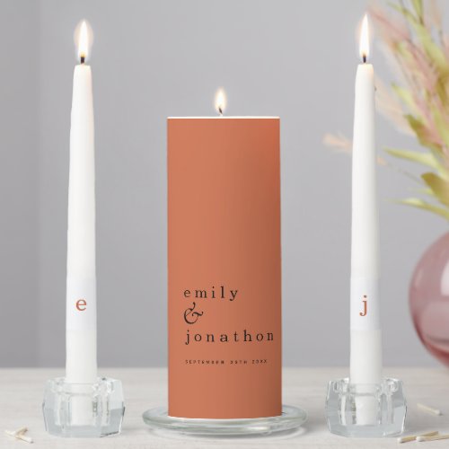 Contemporary Minimalist Terracotta Text Wedding Unity Candle Set