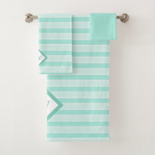 Contemporary Mint Green Stripes Monogrammed Bath Towel Set