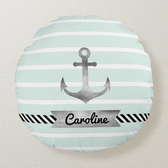 Contemporary Mint Stripes Anchor Personalized Round Pillow (Front)