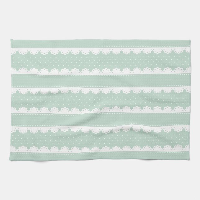 Contemporary Mint White Lace Stripes Pattern Kitchen Towel (Horizontal)