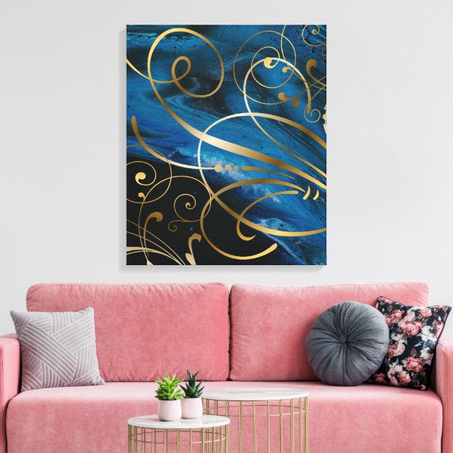 Contemporary Mixed Media Gold Swirls Flourishes Ca Canvas Print (Insitu(LivingRoom))