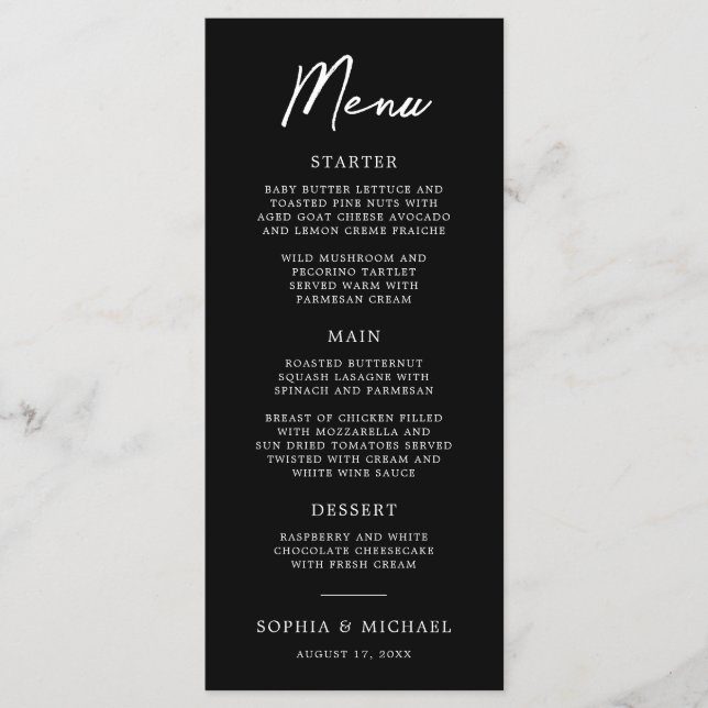 Contemporary Modern Black And White Wedding Menu (Front)