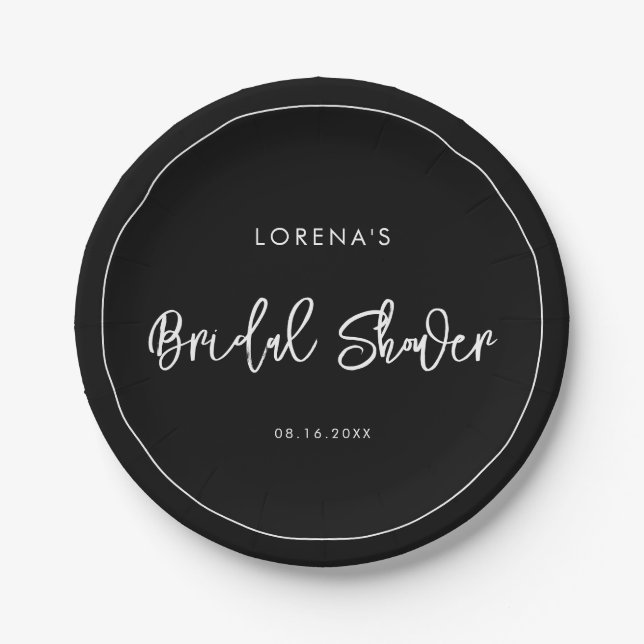 Contemporary modern black Bridal Shower Paper Plates (Front)