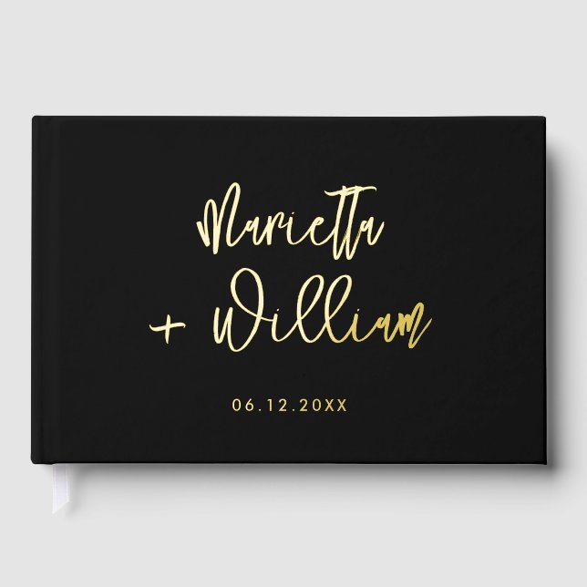 Contemporary Modern Black & Gold Wedding Foil Guest Book (Front)