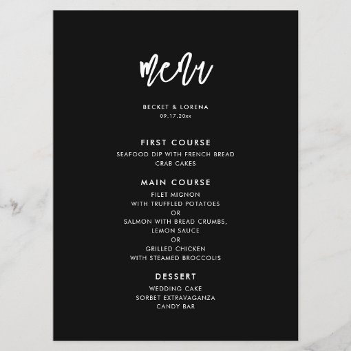 Contemporary modern black wedding menu Zazzle
