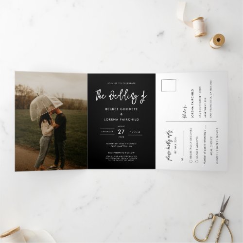 Contemporary modern black wedding photo Tri_Fold invitation