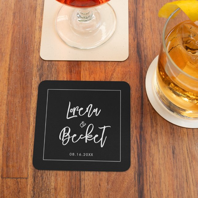 Contemporary modern black wedding square paper coaster (Creator Uploaded)