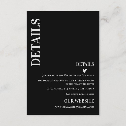 Contemporary Modern Black White Wedding Details Enclosure Card