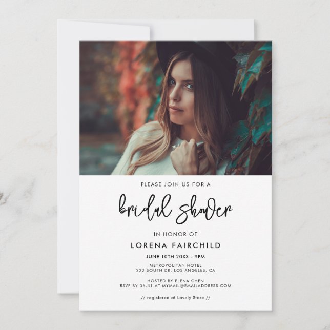 Contemporary modern bridal shower photo invitation (Front)