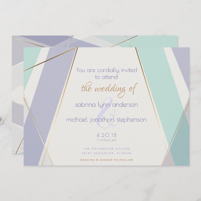 Contemporary Modern Geometric Stripes Mint Violet Invitation (Front/Back)