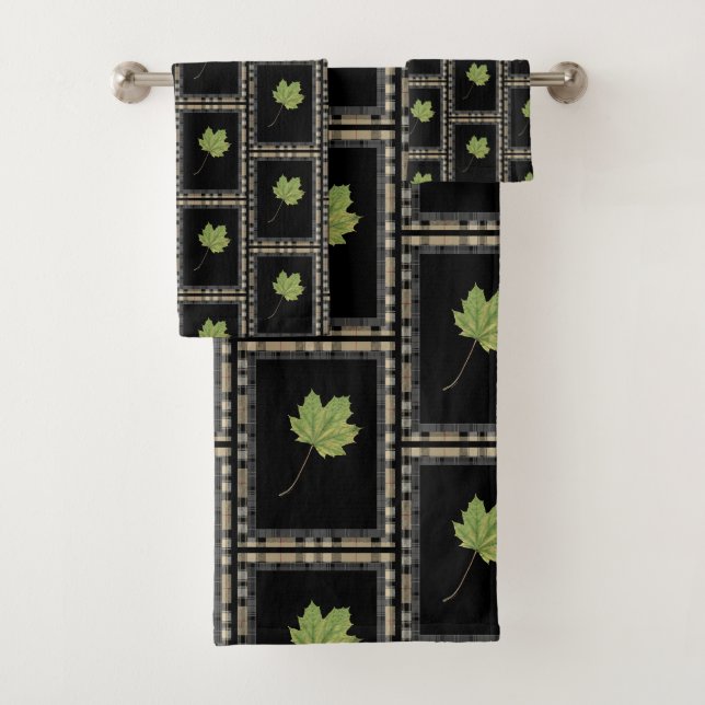 CONTEMPORARY MODERN GREEN LEAF ON BLACK BATH TOWEL SET (Insitu)
